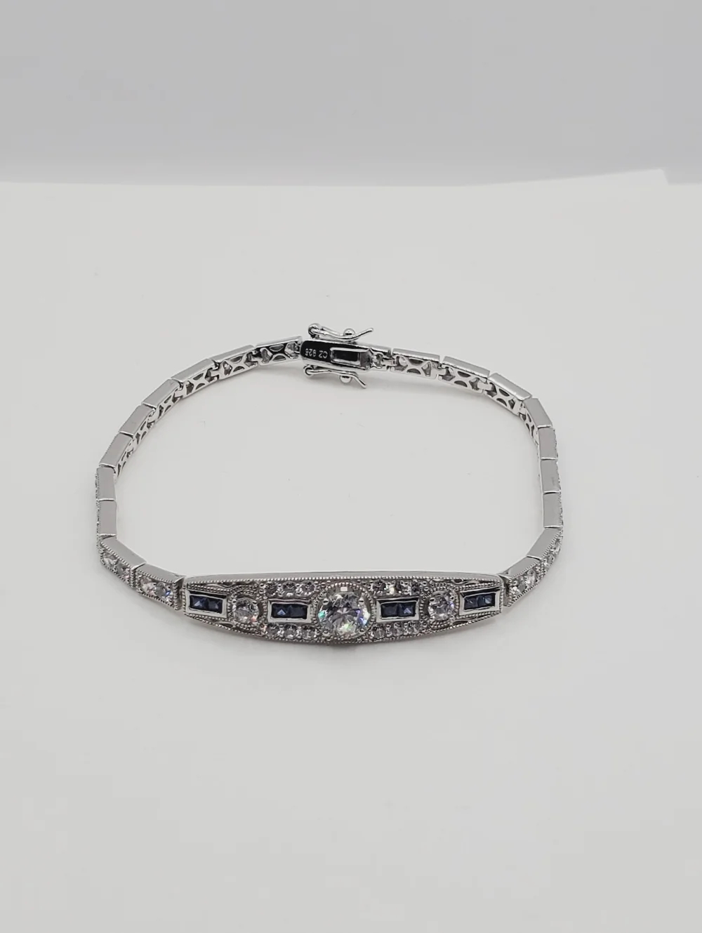 925 Sterling Silver Sapphire Blue CZ & Diamond Simulant Bracelet